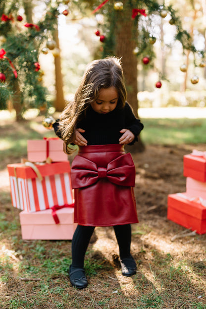 Leather Bow Skirt in Dark Red